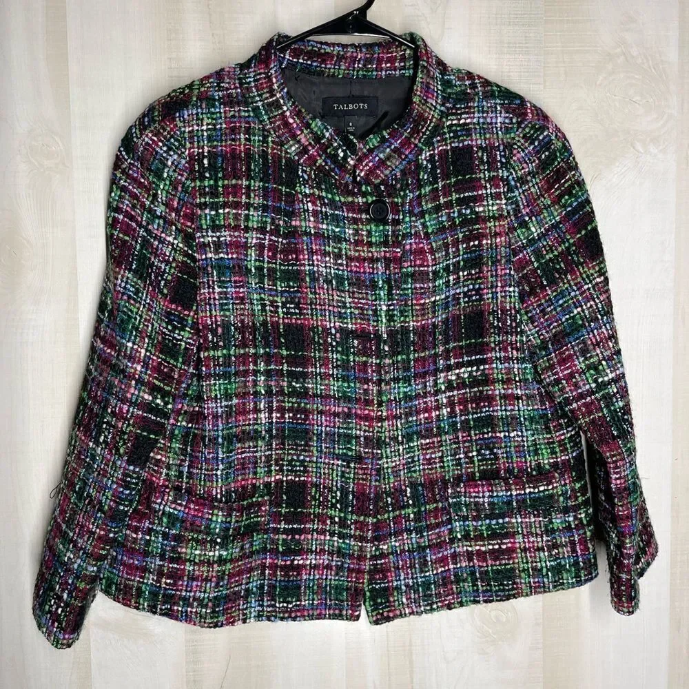 Talbots black‎ and multi color tweed blazer 3 button, size 8